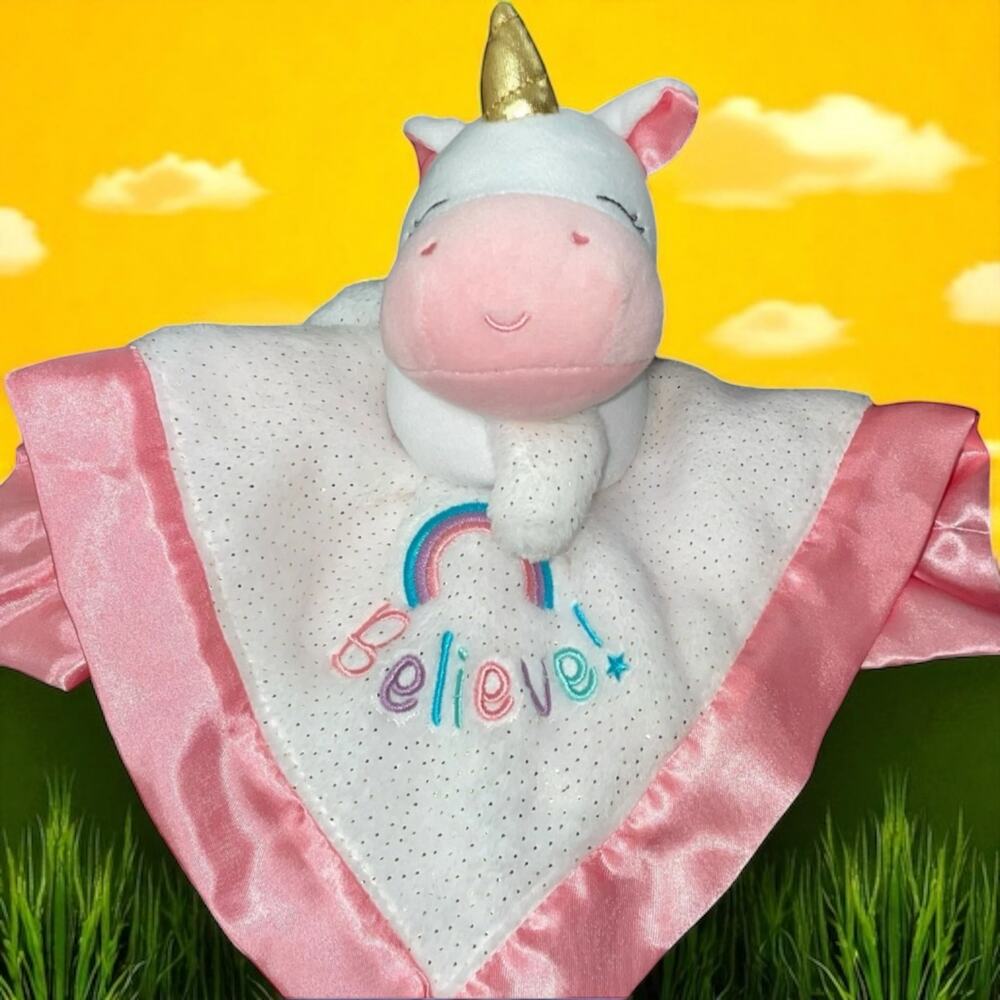 Magic Years Pink Unicorn Lovey Security Blanket Believe Rainbow Rattle Satin 13"